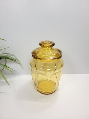 Vintage LE Smith Bubble Amber Glass Canister Jar Apothecary Cookie Container Lid